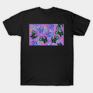 Spoopy Spooky Dinosaur Halloween with Spider Webs on Purple T-Shirt